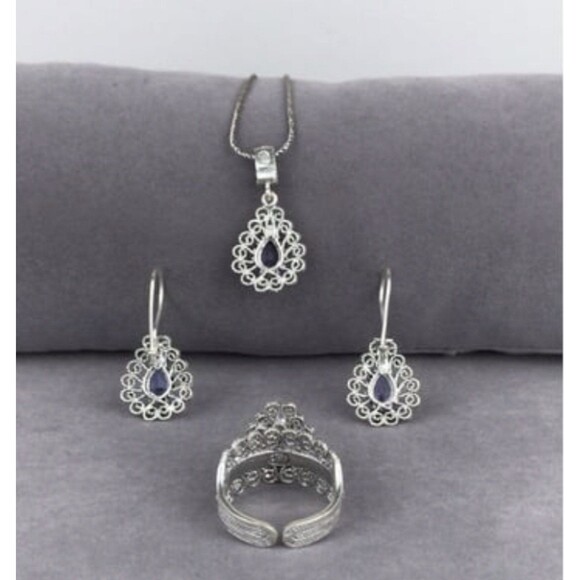 925 Sterling Silver Turkish Filigree Wedding Jewelry Set for Women, HandmadeGift - Picture 5 of 10